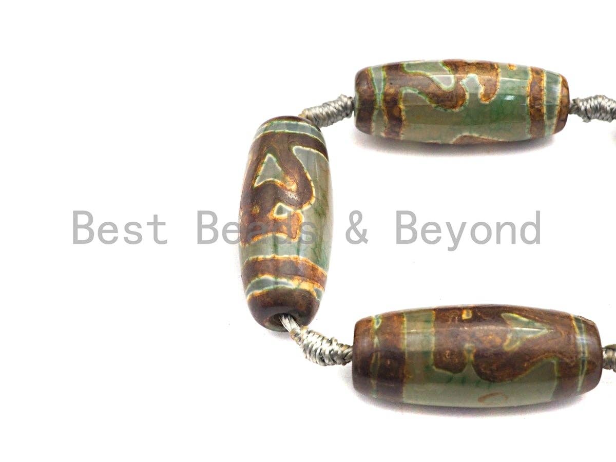 1pc/10pcs Natural Tibetan Agate Beads, Green Yellow Tibetan Long Oval Shape Beads, Dzi heart Agate Beads, 12x30mm, sku#U541