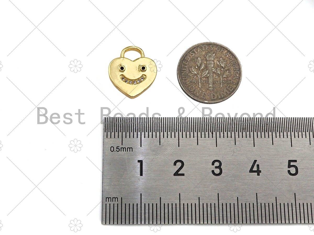 18K Dainty Gold Smiley Face On Heart Lock Shape Pendant/Charm, Necklace Bracelet Charm Pendant,15x13mm, Sku#LK233