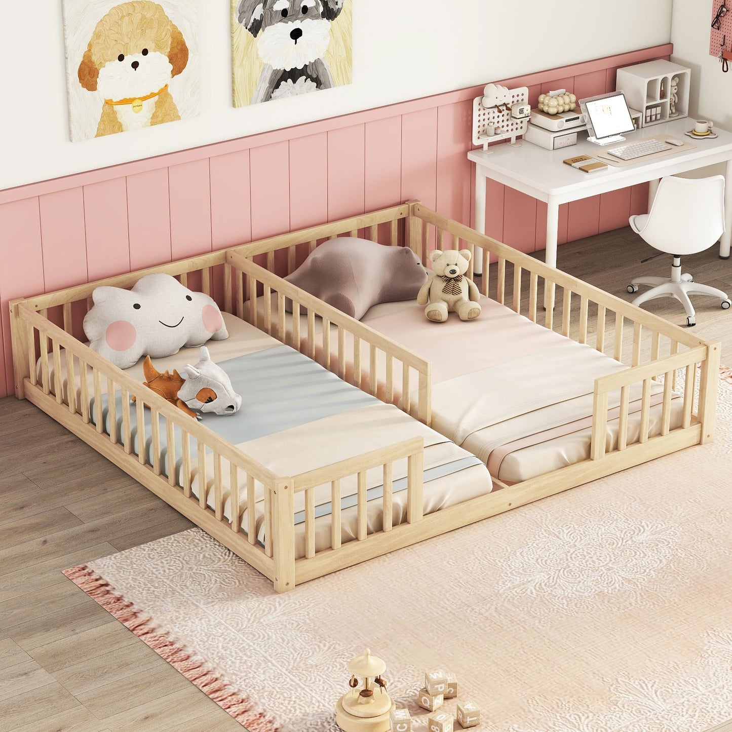 Double Twin Floor Bed with Fence, Guardrails, without Door