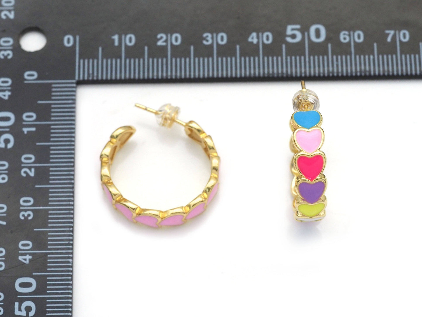 Colorful Enamel String Hearts Hoop Earrings, Sku#J374