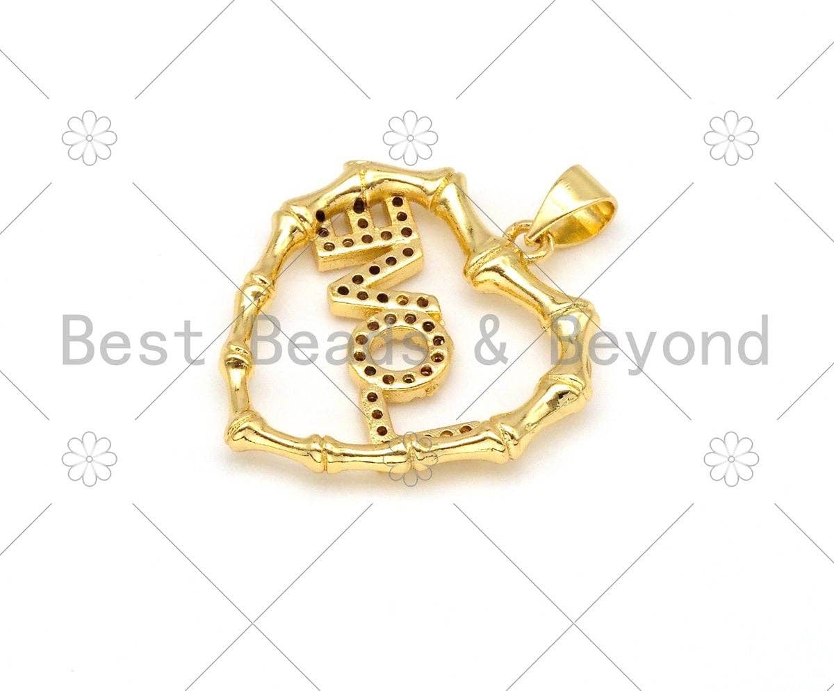 CZ Micro Pave Love On Heart Shape with Bamboo Frame Pendant,18K Gold Filled Heart Charm, Necklace Bracelet Charm Pendant,23x26mm,Sku#LK384