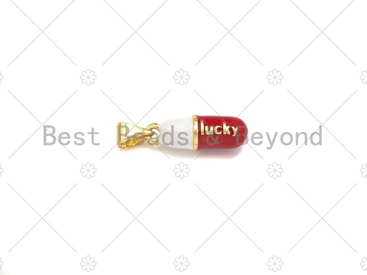 Enamel Colorful Pill Shape Pendant Charm,Lucky Word Pink Turquoise Black Cobalt RedEnamel Jewelry,6x17mm,Sku#LK283