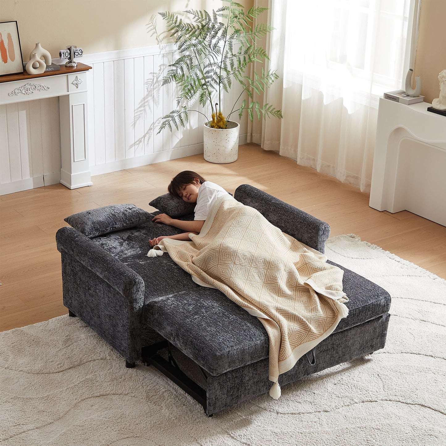 58.27 Inch Modern Chenille Fabric Sofa Bed