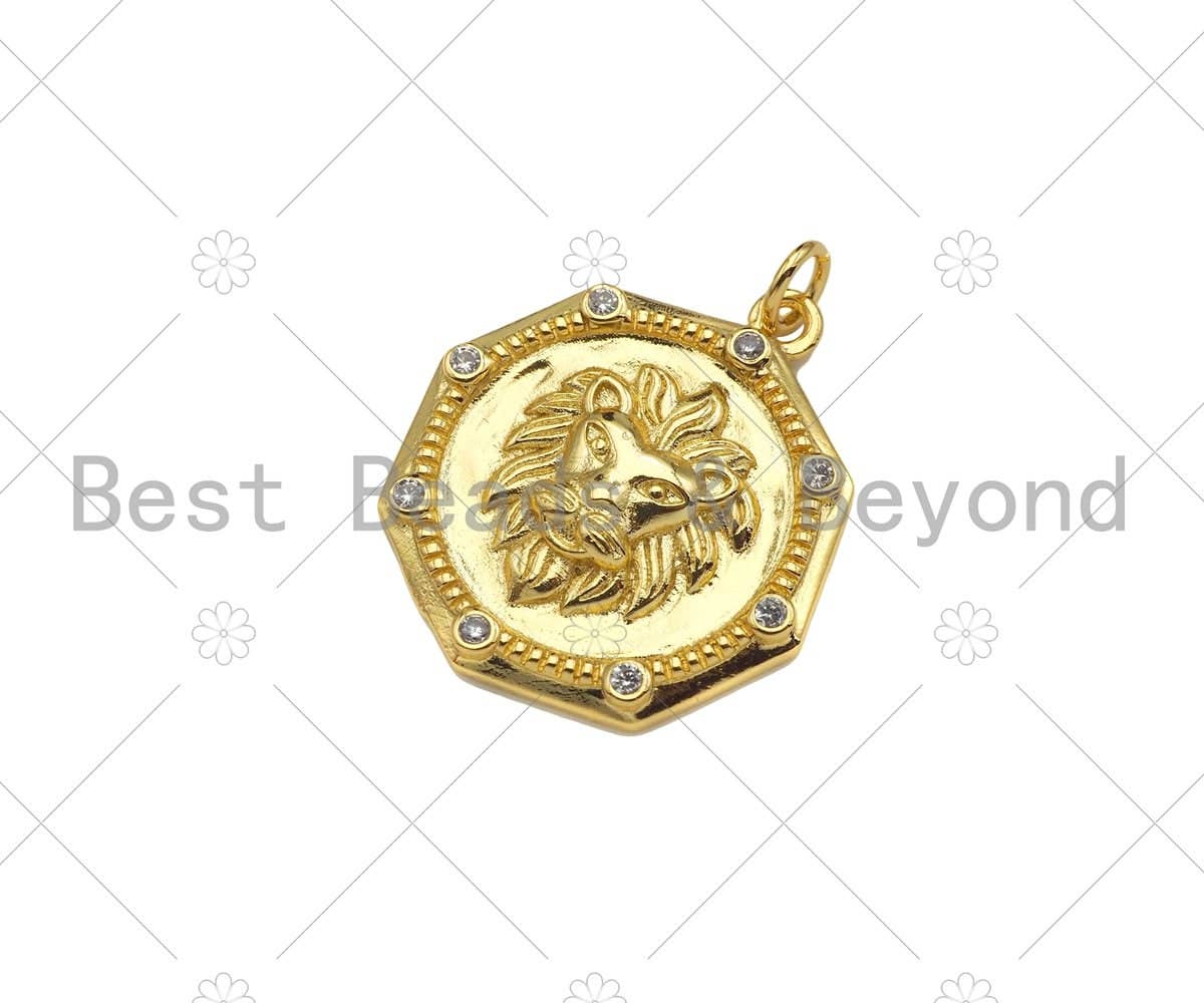 Gold Filled CZ Micro Pave Embossed Lion Head On Round Shape Pendant,18K Gold Filled Lion Charm, Necklace Bracelet Pendant,21x25mm,Sku#LK338