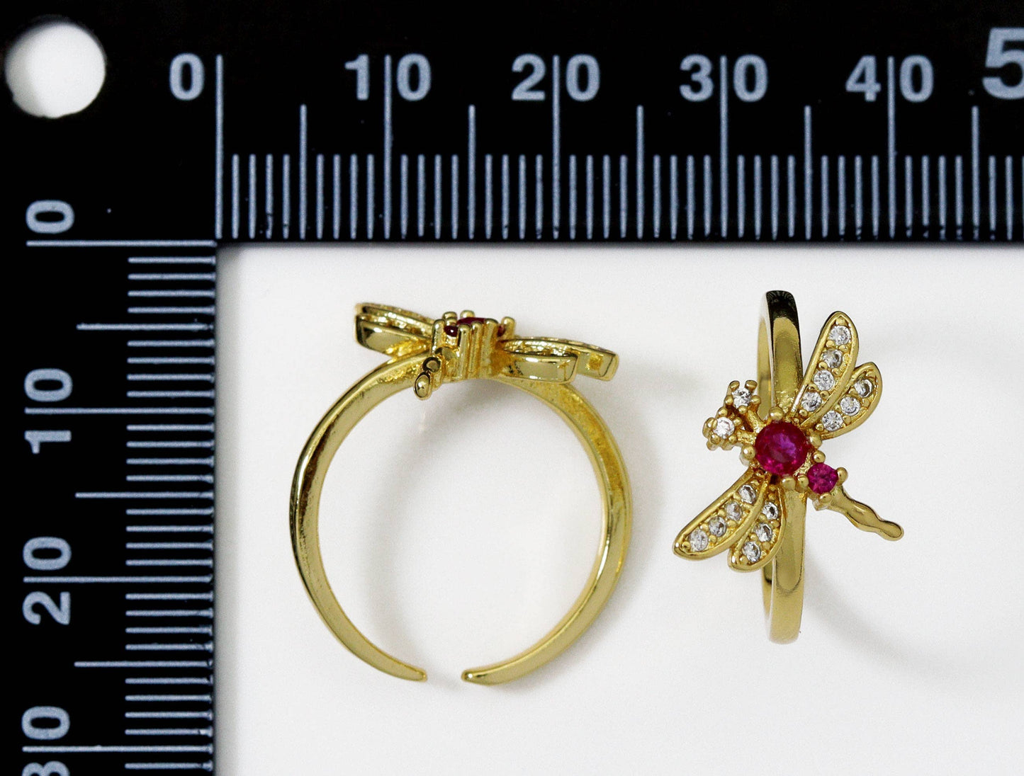 Fuchsia CZ Dragonfly Gold Adjustable Ring, Sku#LK734
