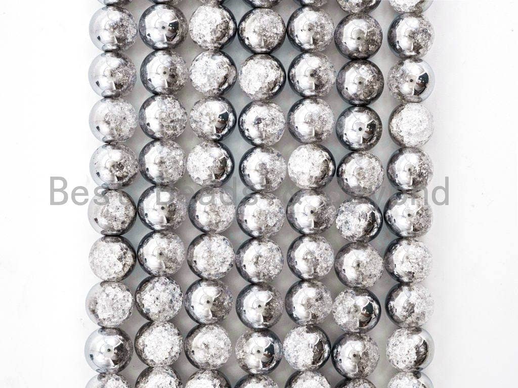 Crack Quartz Half Silver Plated, 6mm/8mm/10mm/12mm/14mm Round Smooth beads, Silver Clear Quartz Beads, 15.5inch strand, SKU#U55