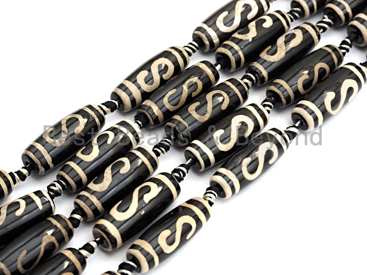 1pc/10pc Natural Tibetan Agate long Barrel Beads, Black White Dzi long oval beads, Zodiac Barrel Agate Beads, 10x30mm,sku#U489