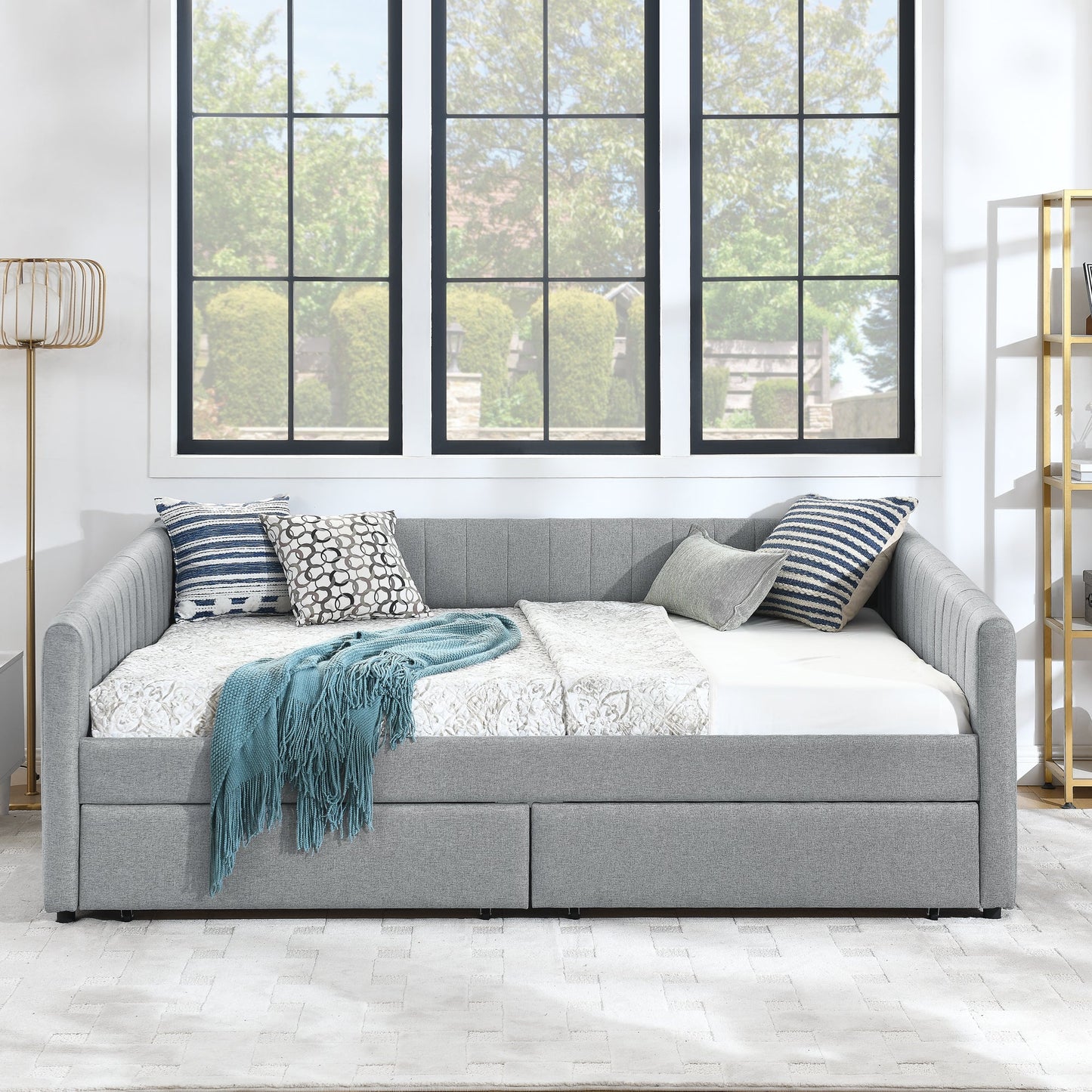 Queen Size Daybed with Two Drawers Trundle Upholstered Sofa Bed