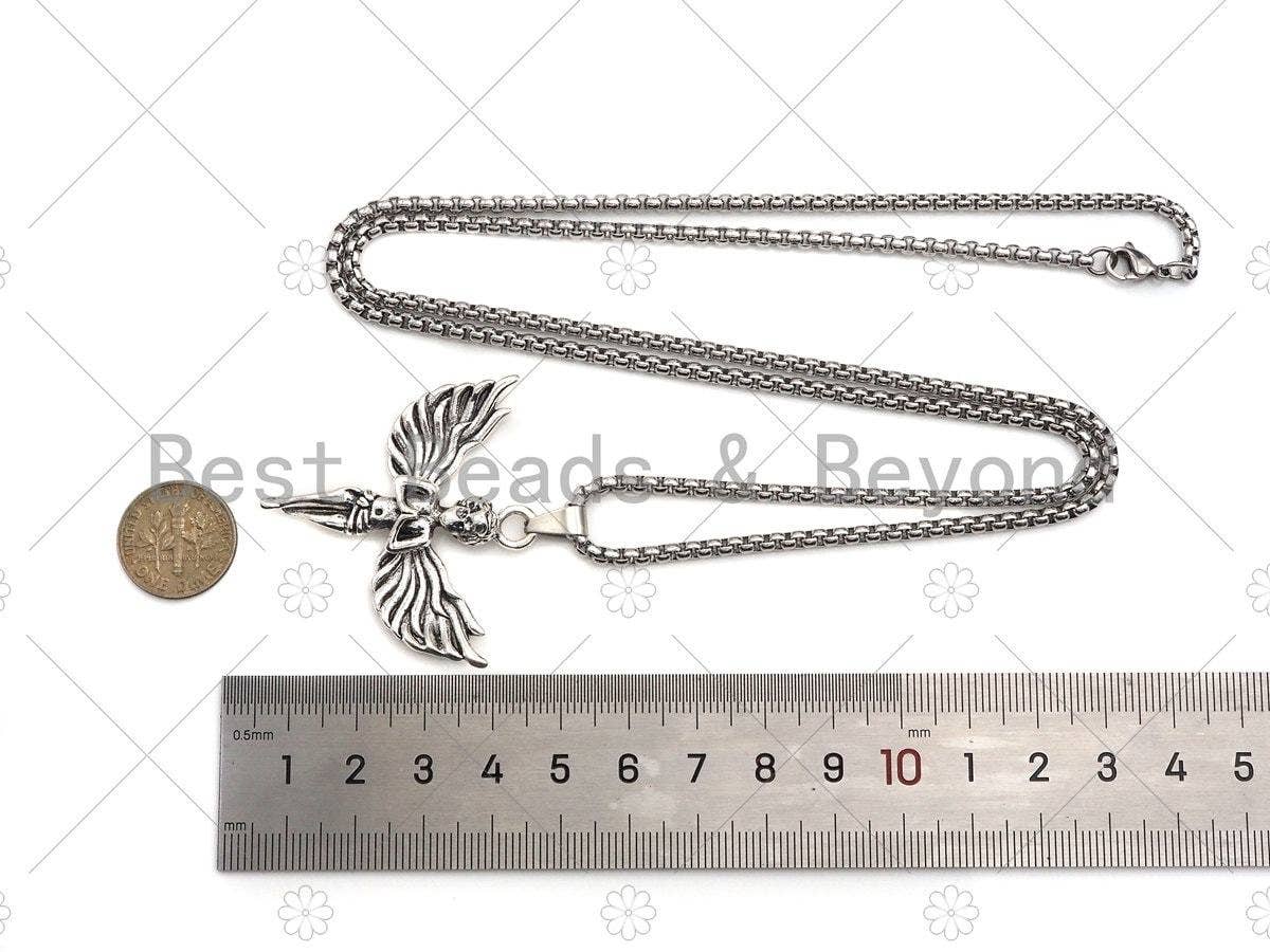 Protecion Angel Pendant Stainless Steel Necklace-Men's Necklace - Symbolic Jewelry - Silver Chain Pendant Necklace, sku#L345