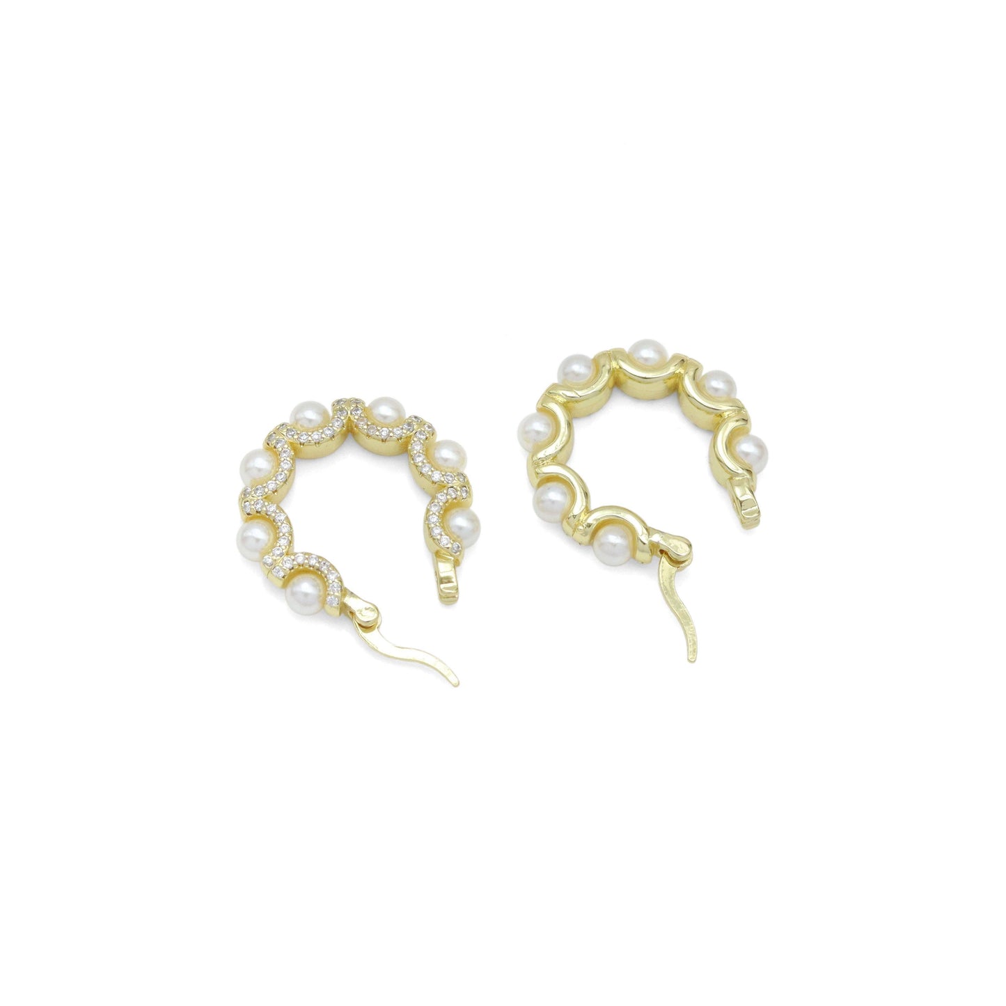 Clear CZ Gold wave line Pearl Hoop Earrings, Sku#LK1009