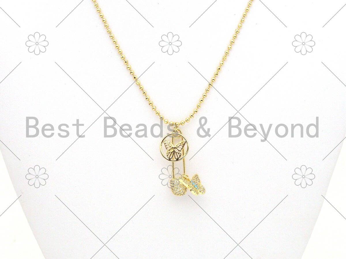 Colorful CZ Micro Pave Butterfly On Safety Pin Shape Pendant/Charm, 18K Gold Filled Charm, Necklace Bracelet Charm Pendant,8x30mm,Sku#F1409