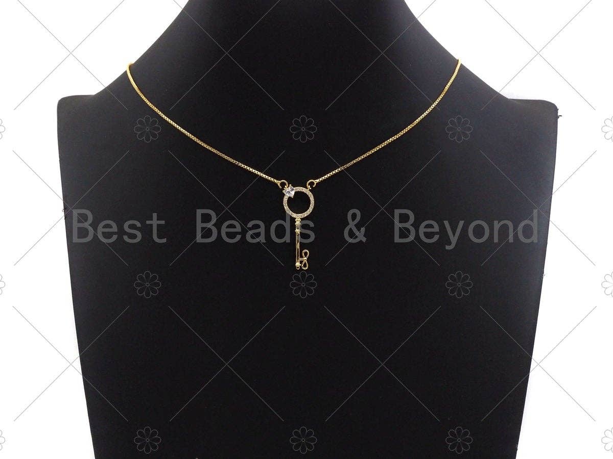 CZ Micro Pave Key With Round Ring Shape Pendant , Gold/Silver/Black/Rose Gold Plated Key, Necklace Bracelet Pendant, 12x33mm,sku#L285