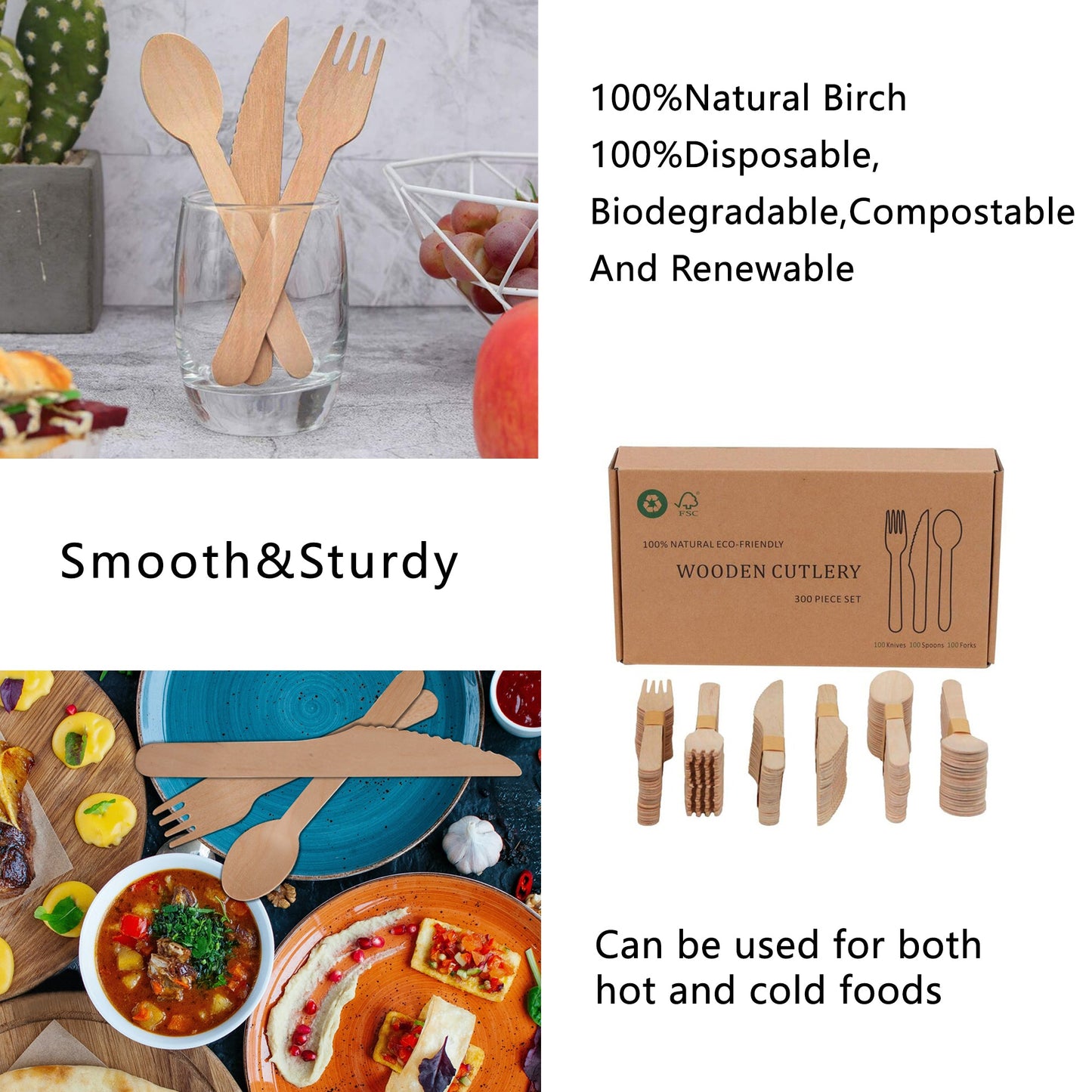 Wooden Compostable Utensils Set - 300 Pieces