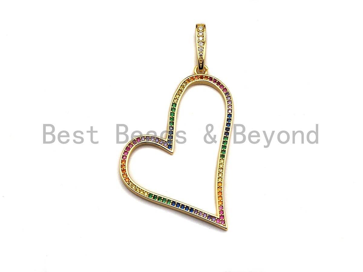 Colorful CZ Micro Pave Open Heart Shape Pendant, Cz Pave Bracelet Necklace Pendant in Gold Finish,35x38mm, sku#F905