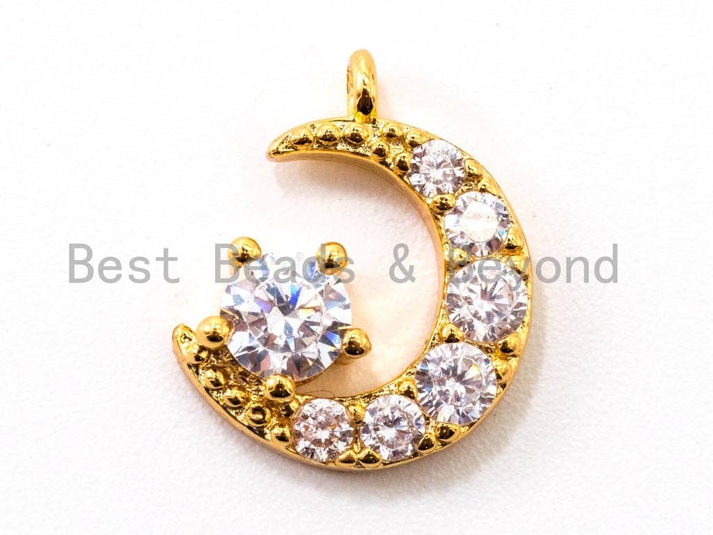 CZ Micro Pave Half Moon charm, Crescent Moon Clear Cubic Zirconia Pave Charm in Gold Rose Gold Silver Black color, 13mm, sku# Y25