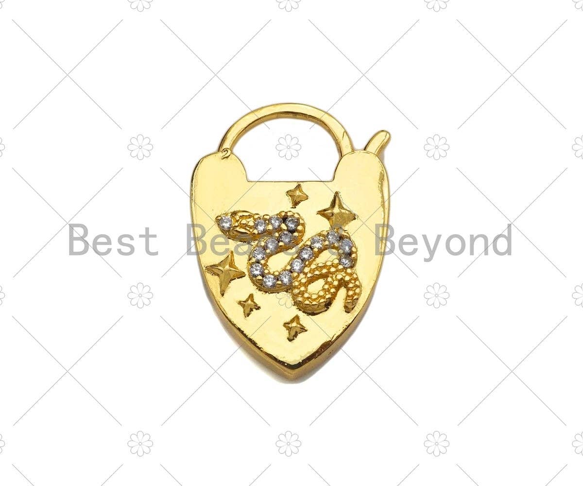 CZ Micro Pave Snake Padlock Heart Clasp Charms, Snake CZ On Padlock Clasp, Gold Charm Pendant, Padlock Necklace Charms, 17x27mm, Sku#K164
