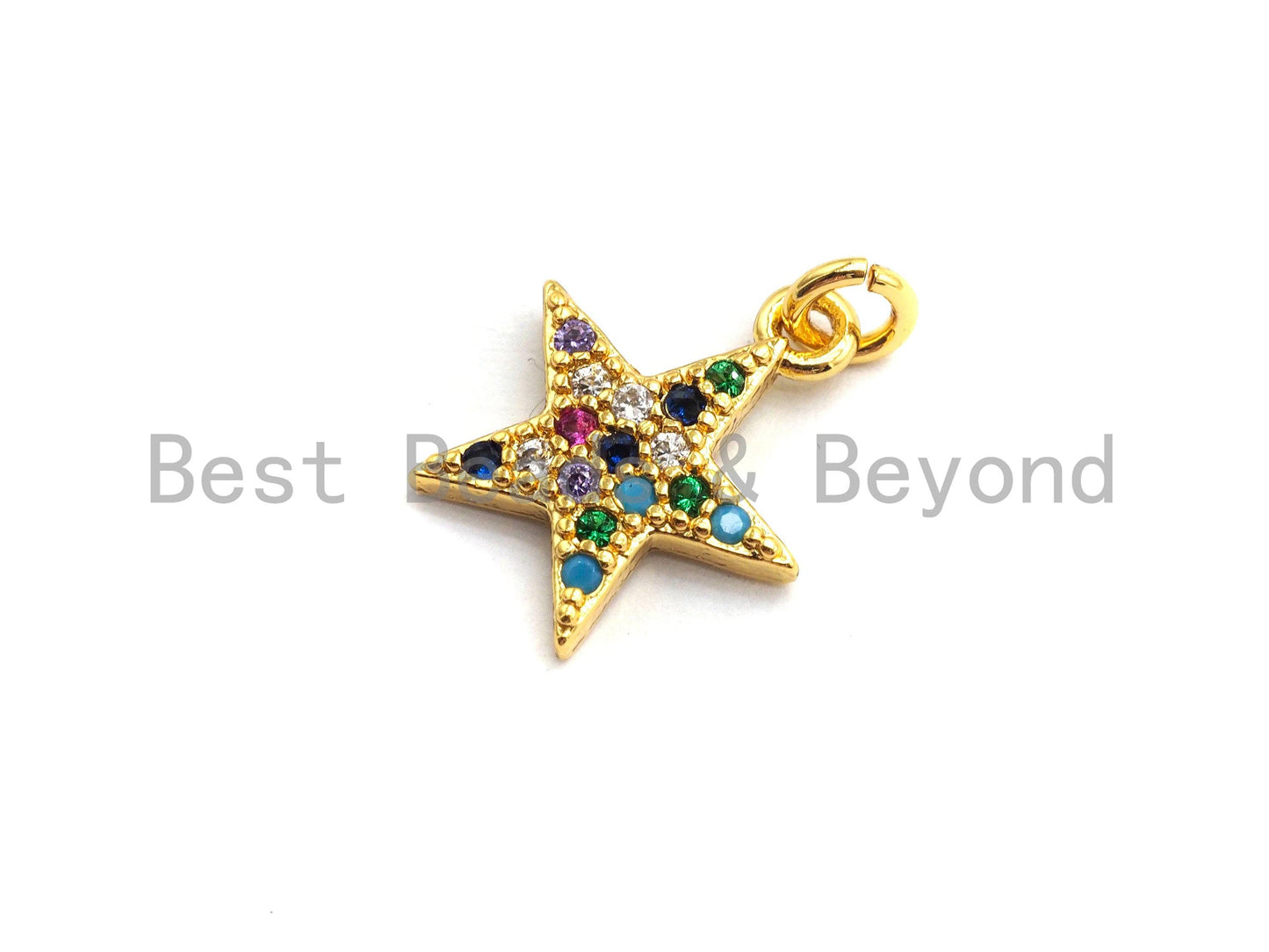 CZ Colorful Micro Pave Five Point Star Pendant, Five Point Star Shaped Pave Pendant, Gold plated, 12x14mm, Sku#F753