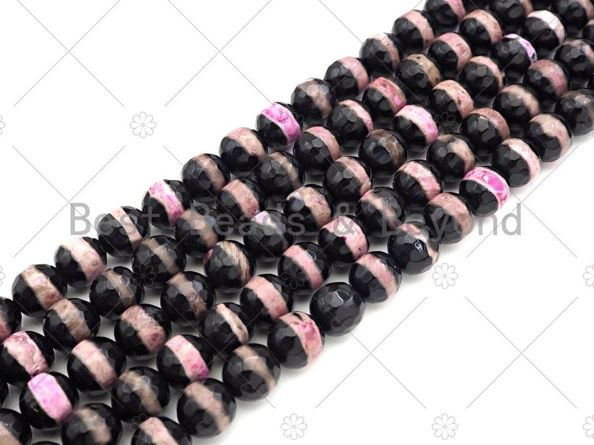 Dzi Agate Faceted Round Beads with Hot Pink Line, 6mm/8mm/10mm/12mm, Red Black Tibetan Beads, Agate Beads, 15.5'' Full Strand,Sku#U1072