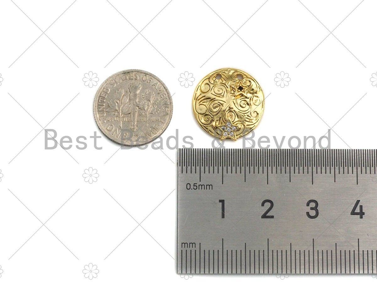 CZ Micro Pave Black CZ Square Pattern On Round Coin Shape Pendant, Dainty Gold Medallion Pendant,17mm, Sku#LK24