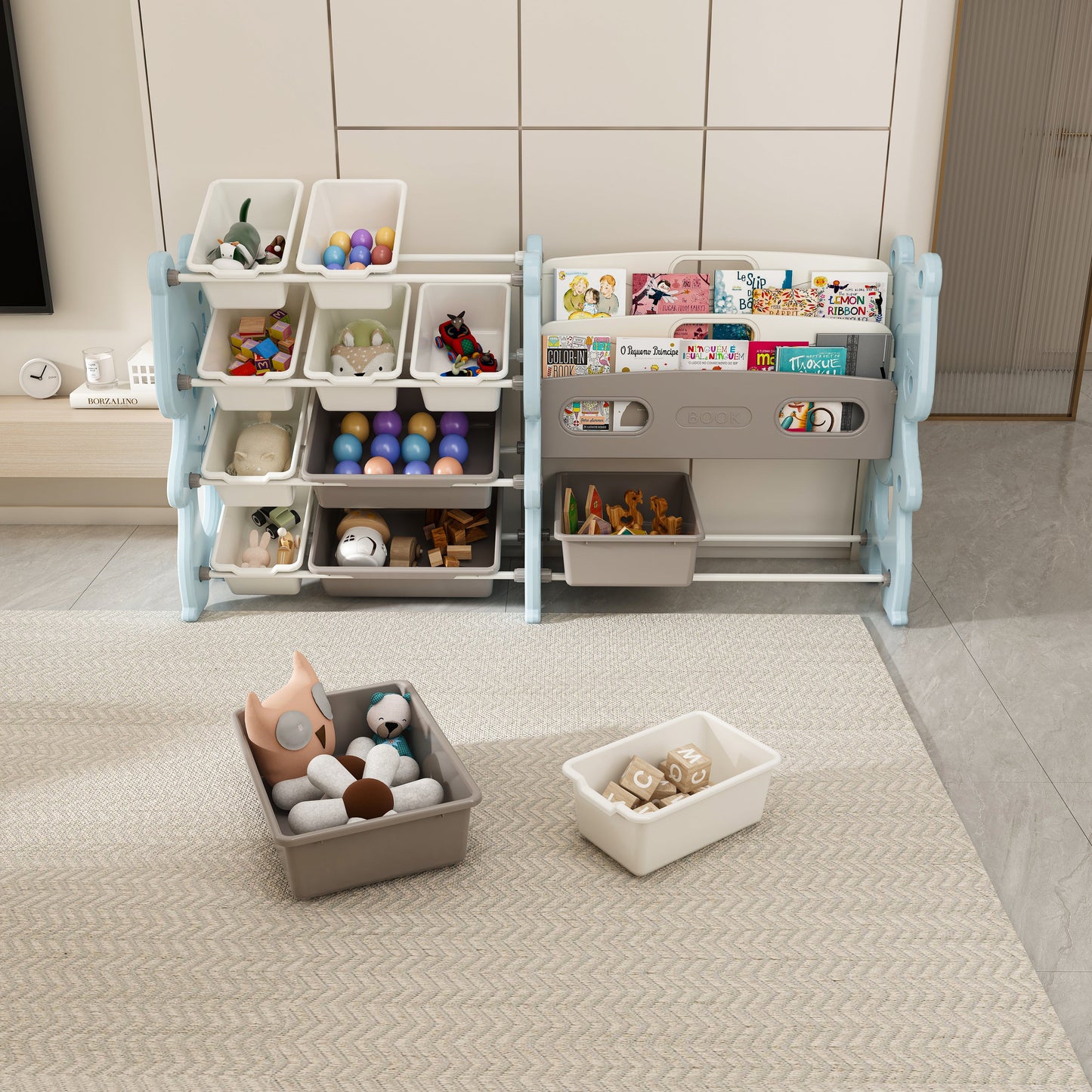 Kids Toy Storage Organizer with 2 Tier Bookshelf