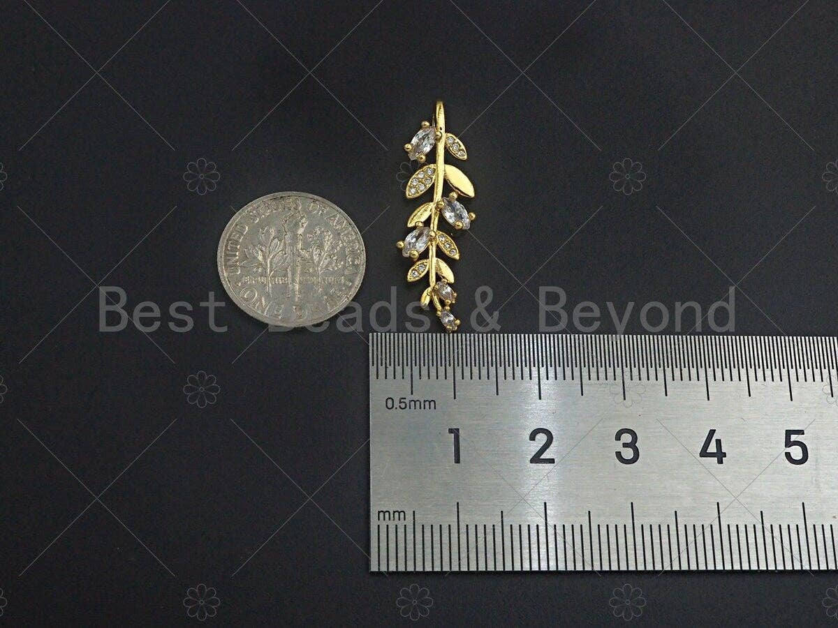 18K Gold  CZ Pave Leaf Pendant, Gold Leaf Pendant, Gold plated Leaf, 9x30mm, Sku#LK27