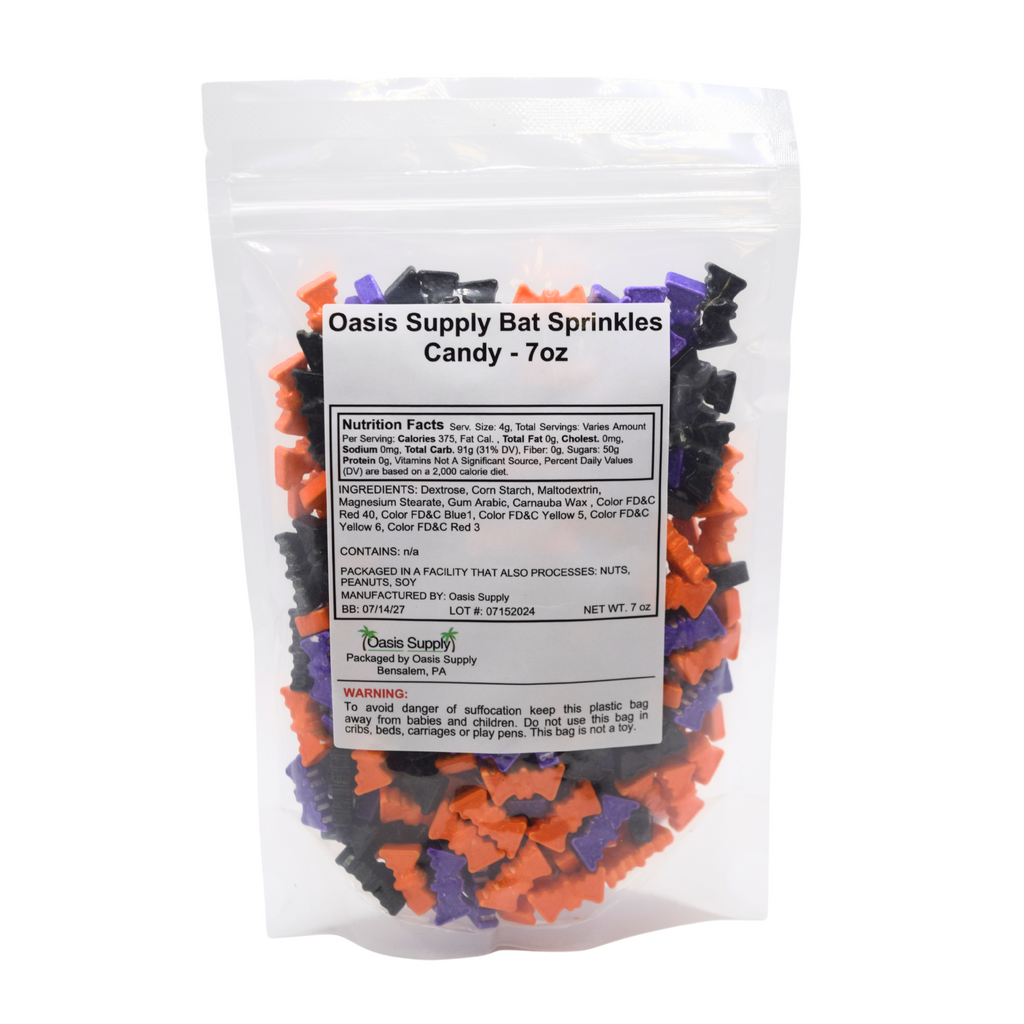 Oasis Supply, Décoration de gâteaux d'Halloween, Vermicelles pour cupcakes, Décors pour gâteaux, et Garnitures comestibles, Pochette de 200 g - 7 onces, (Vermicelles Chauve-souris)