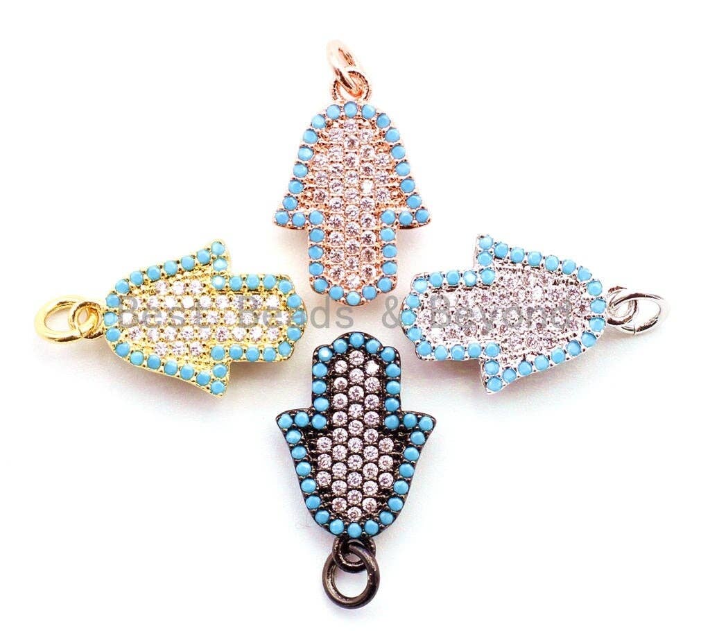 CZ Micro Pave Turquoise Hamsa Hand Bracelet Charm, Cubic Zirconia Charm,12x21mm, sku#F19