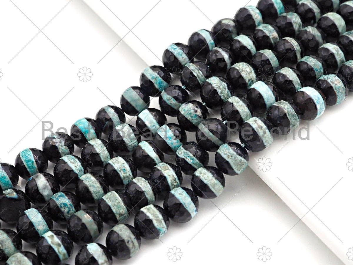 Dzi Agate Faceted Round Beads with Blue Line, 6mm/8mm/10mm/12mm, Light Blue Black Tibetan Beads, Agate Beads, 15.5'' Full Strand,Sku#U1071