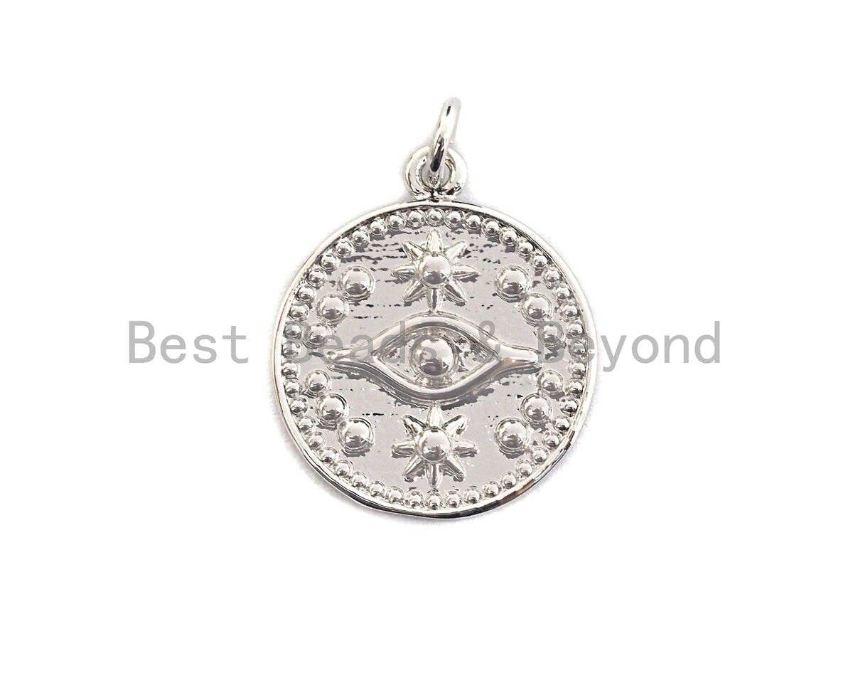 Round Evil Eye on Disc Pendant, Embossment Brass Pendant, Silver/Gold Tone,18x20mm, Sku#Z413