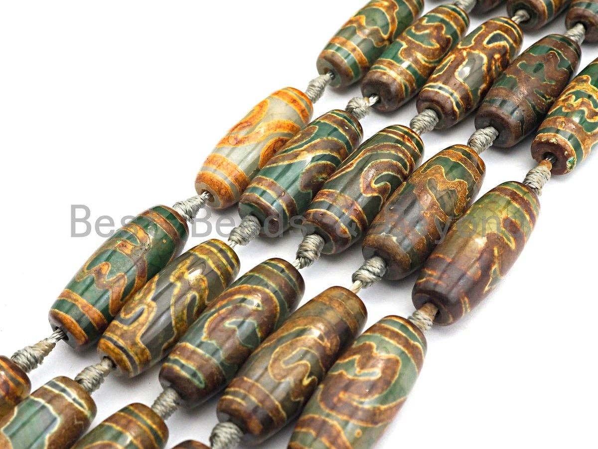1pc/10pcs Natural Tibetan Agate Beads, Yellow Green Tibetan Long Oval Shape Beads, Dzi Agate Beads, 12x30mm, sku#U543