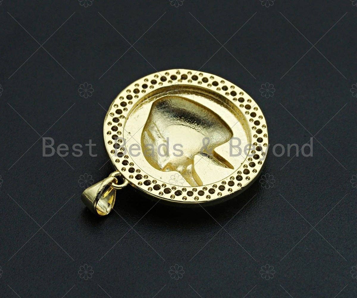 18K Gold Embossment Wolf Head On Round Coin Shape Pendant, Round Charm, Animal Pave Pendant, Gold plated, 25mm, Sku#LK60