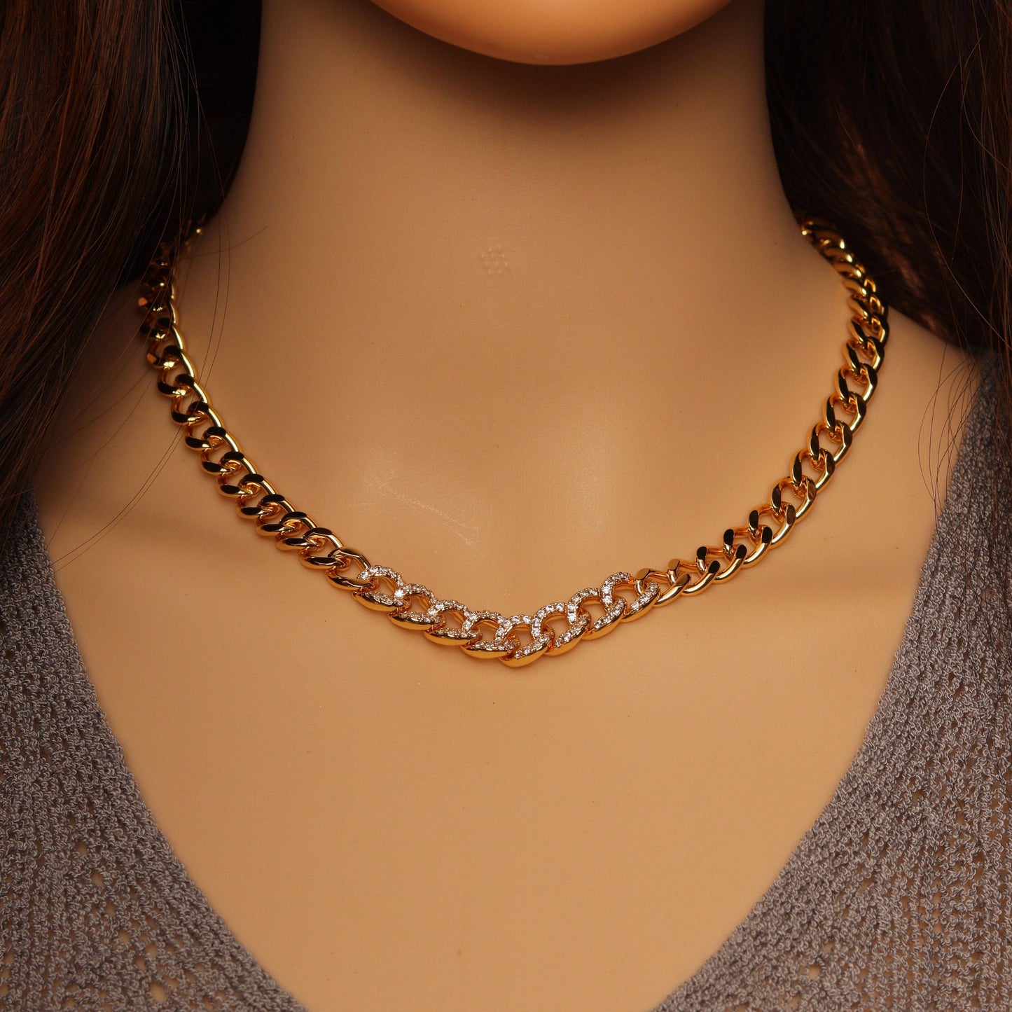 Clear CZ Cuban Link Chain Adjustable Necklace,sku#LX238