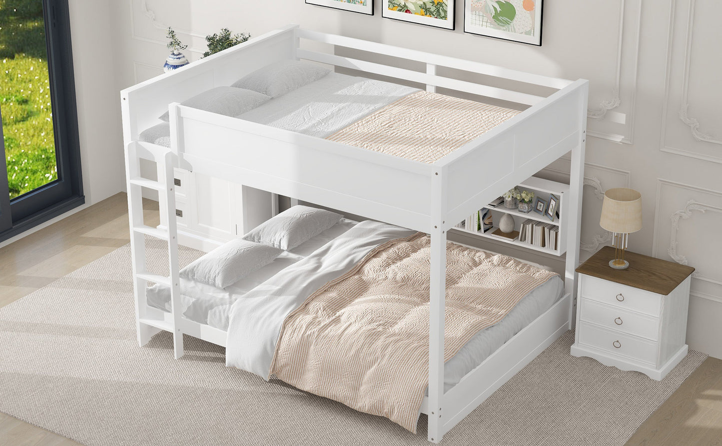 Queen Over Queen Bunk Bed with Storage Cabinets and USB Ports