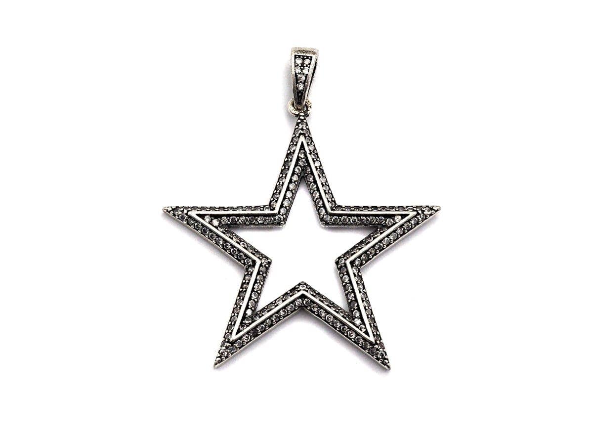 CZ Fully Micro Pave Five Star Pendant, Antique Silver Tone, Clear Cubic Zirconia Big Pave Star Charm Pendant, 39x40mm,sku#F983