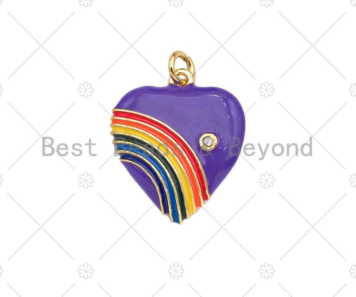 Rainbow Enamel Heart Pendant, Vintage Rainbow Heart Charms, Enamel with CZ Heart Charm, 21x18mm,sku#F1359