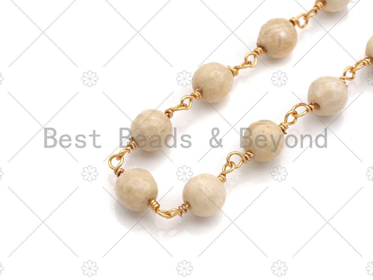 Natural Coral Rosary Chain, 6mm Whtie Coral Beaded Chain, Wire Wrapped Gold Chain, Necklace Bracelet Belly Glasses Wire Links Chain,Sku#V73