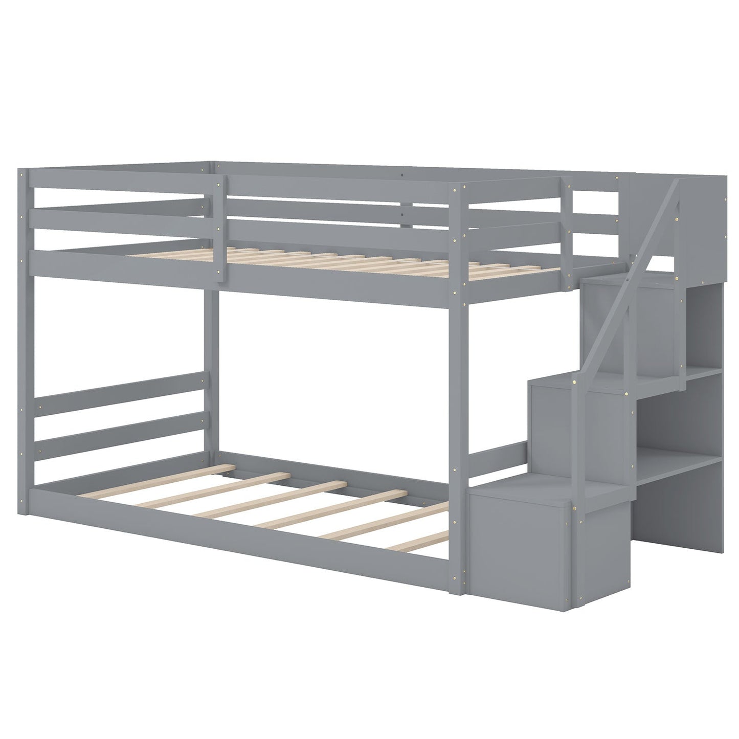 Twin Over Twin Low Bunk Bed with Storage Stairs Solid Wood Floor Bunk Bed Frame