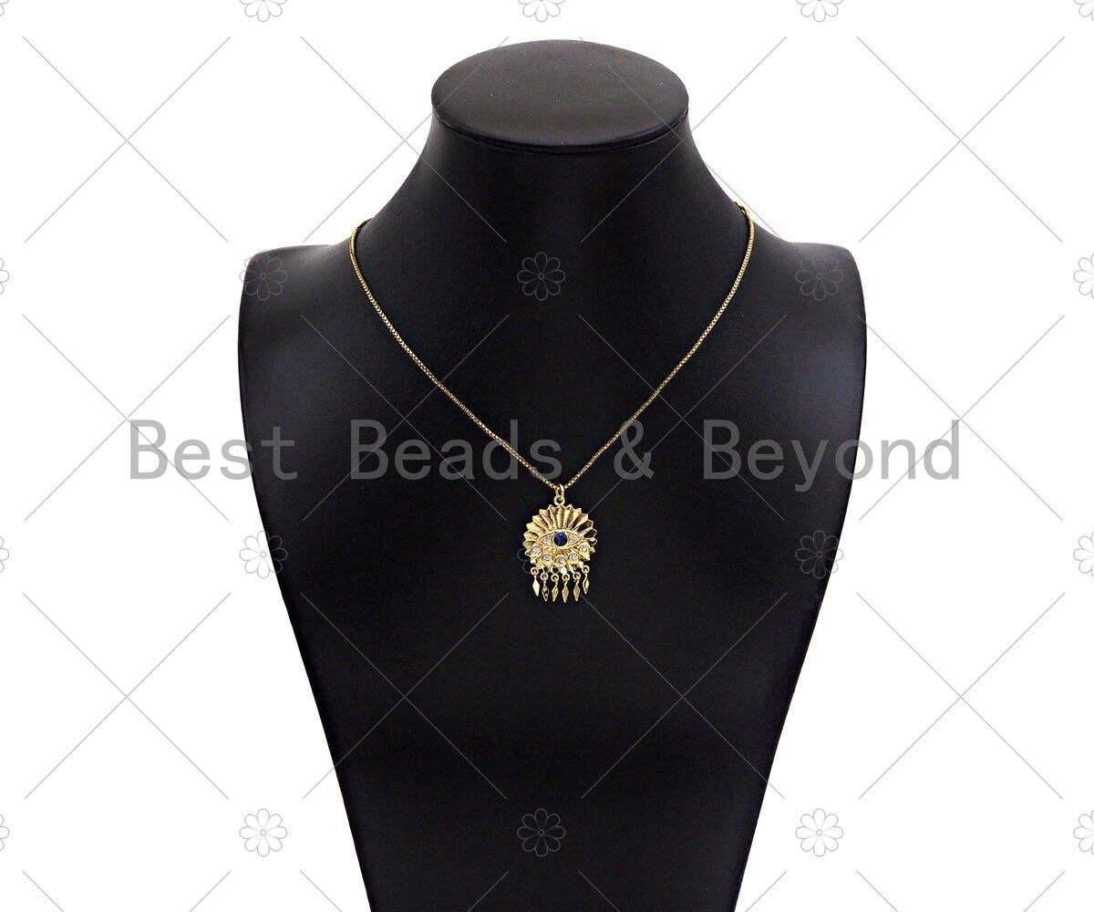 CZ Micro Pave Evil Eye with Dainty Triangle On Round Coin Shape Pendan,18K Gold Medallion Charm, Necklace Bracelet Charm, 30x20mm,Sku#L563