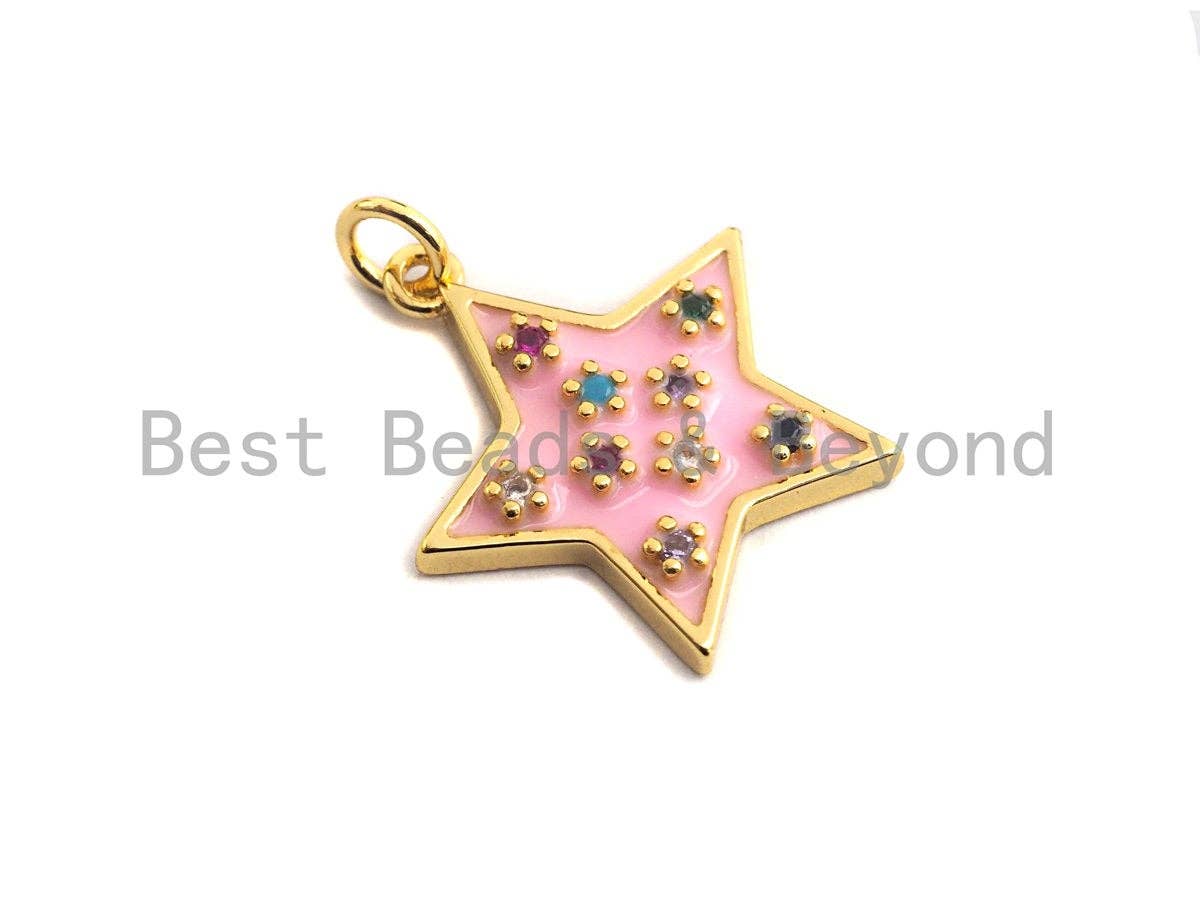 Colorful CZ on Star Enamel Pendant, Star Enamel Charm Pendant, White/Black/Blue/Red/Pink/Turquoise Star,20x21mm,sku#F934