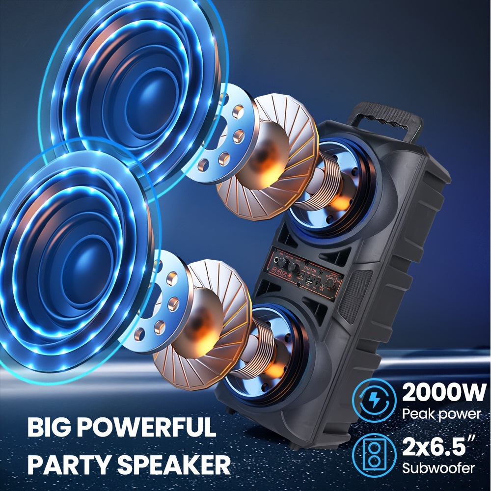 Enceinte Bluetooth portable avec basses subwoofer, double haut-parleur de graves LED 6,5" et microphone
