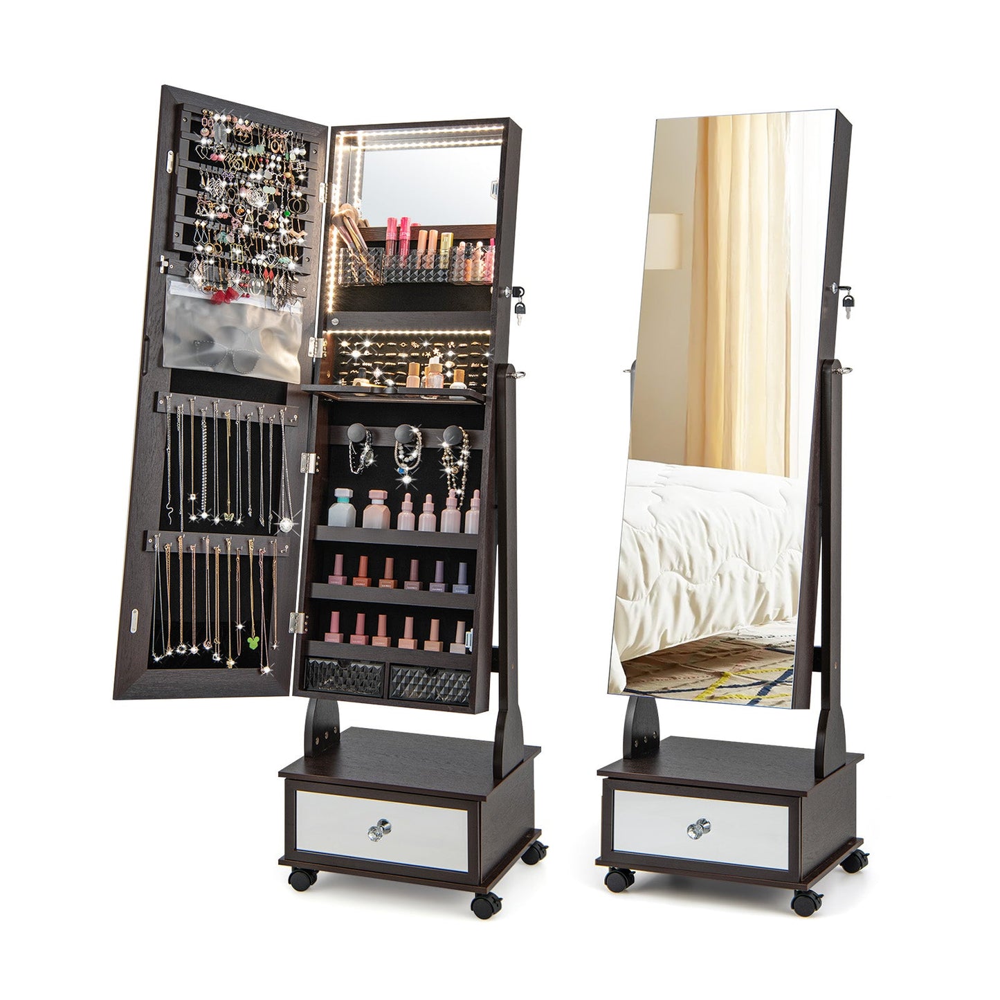 47 Inch Lockable Jewelry Cabinet Armoire with 3-Color LED Lights