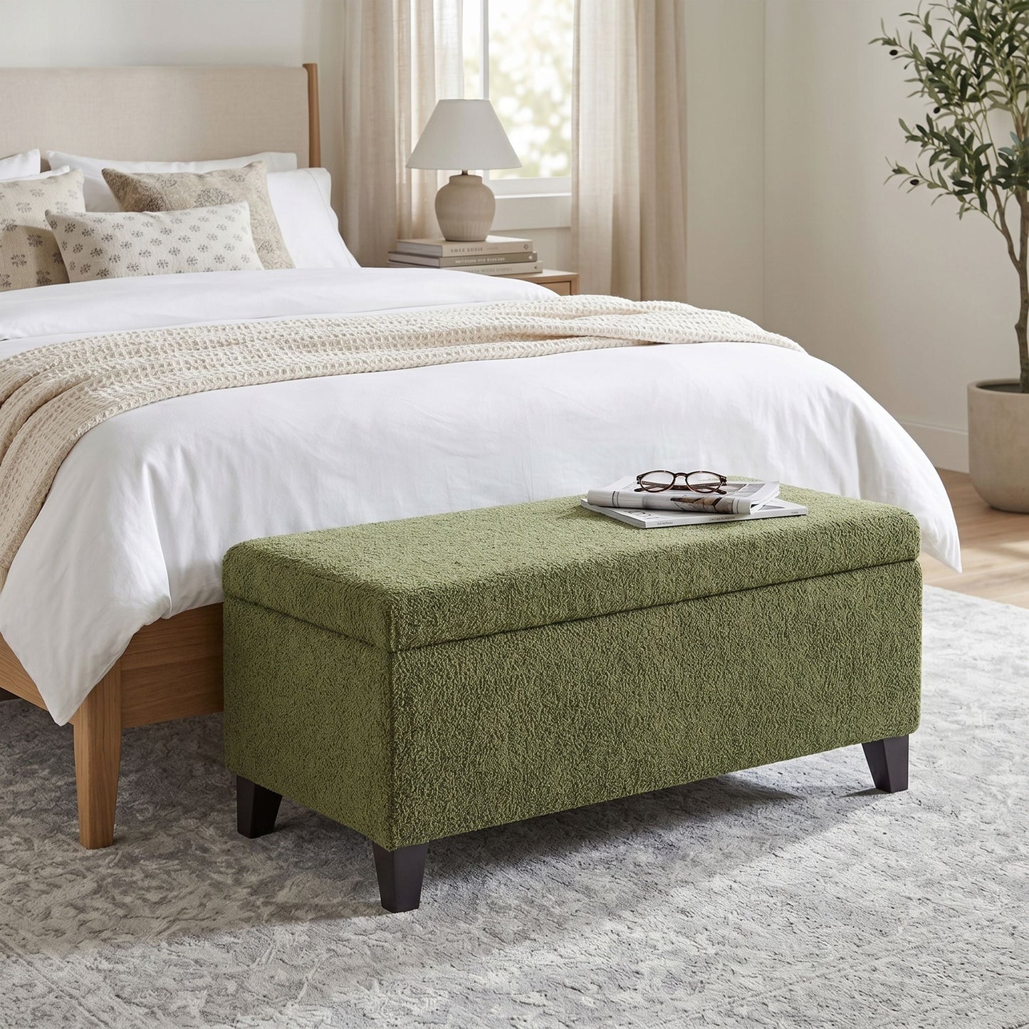 Storage Ottoman with Flip-Top Lid, Easy Assembly, Boucle Fabric & Rubber Wood Legs, Retro