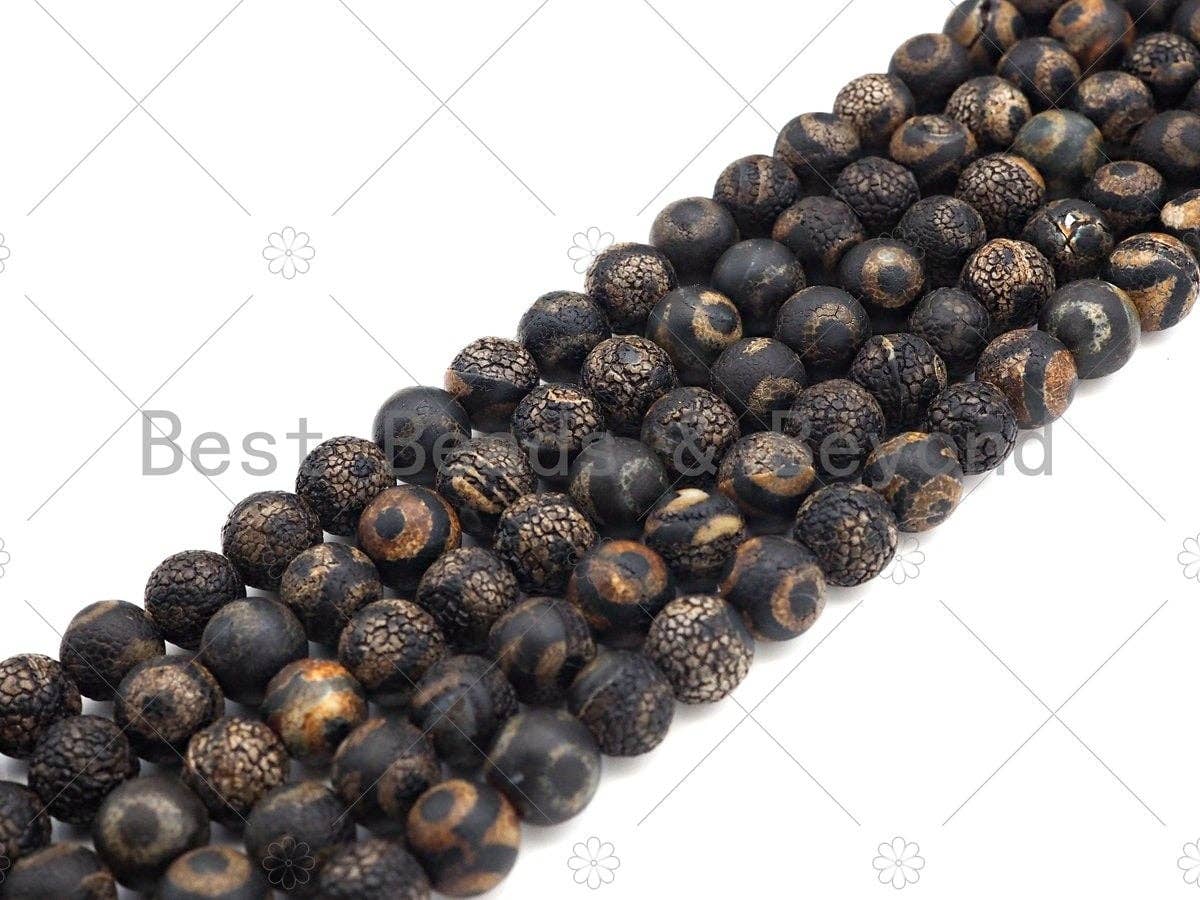 Natural Tibetan Black Agate with Evil Eye Beads, Dzi Eye Agate Beads, 10mm/12mm Tibetan Round Smooth Agate,15.5" Full Strand, Sku#U1108