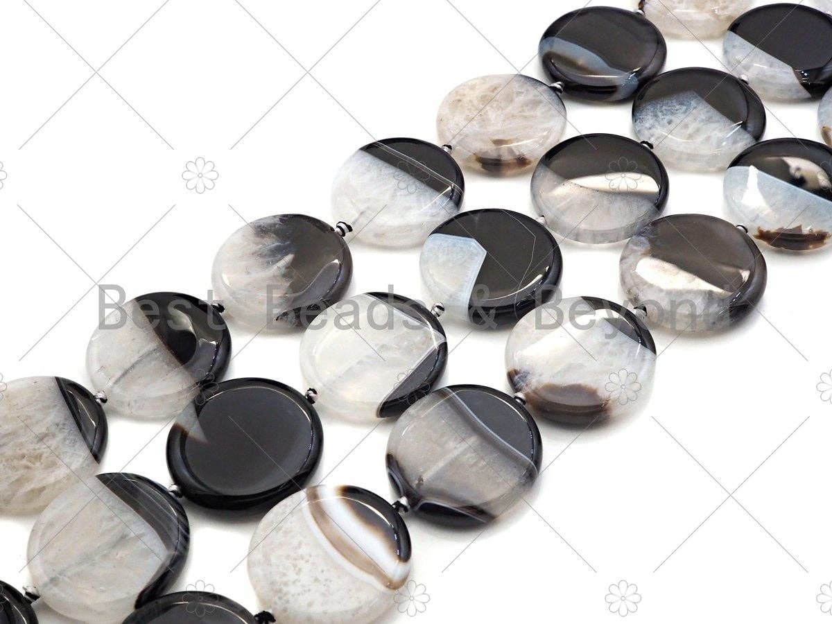 High Quality Natural Black White Druzy Agate Beads, 35mm Round Coin Smooth Agate,Necklace Bracelet Jewelry,15.5'' Full Strand,Sku#YK05