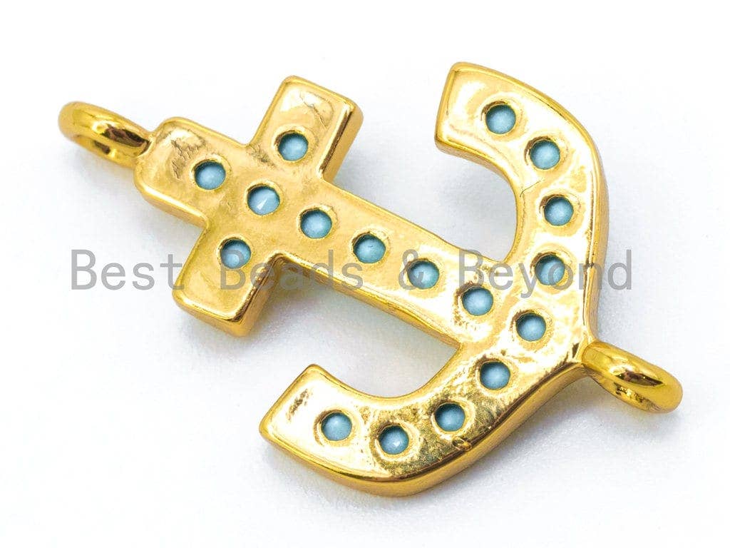 CZ Turquoise Micro Pave Anchor Connector, Blue CZ on Gold/Silver/Rose Gold/Gunmetal Bracelet Necklace Charm,14x23mm, sku#M100