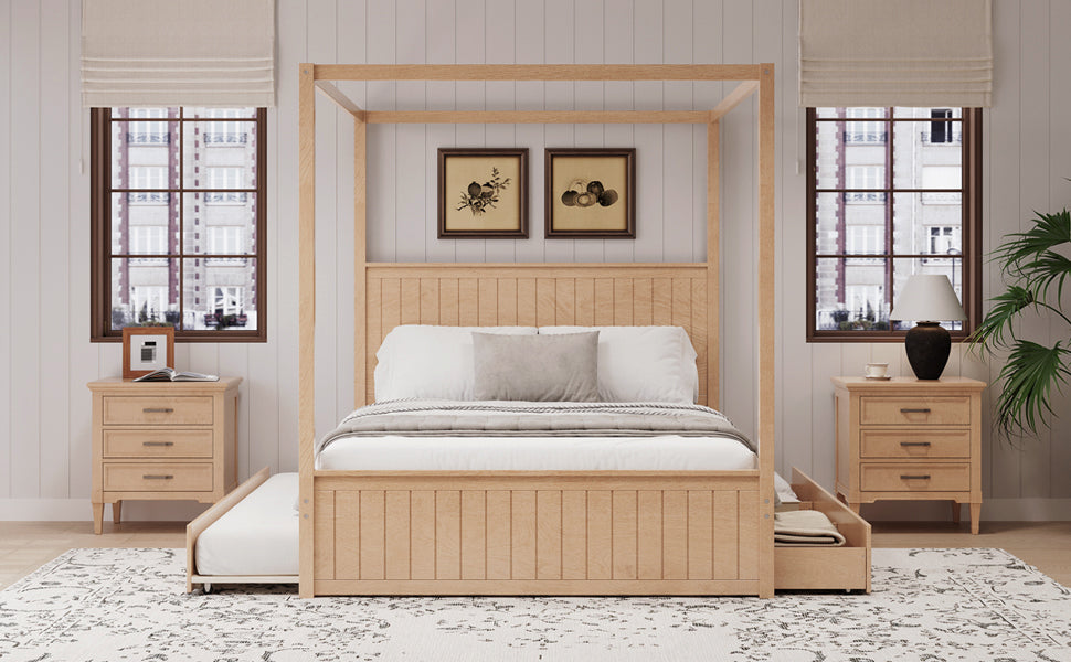 Queen Size Canopy Bed with Trundle and Storage