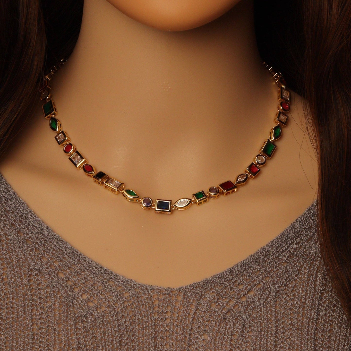 Clear Colorful Oval Square Rectangle Round CZ necklace, LD454