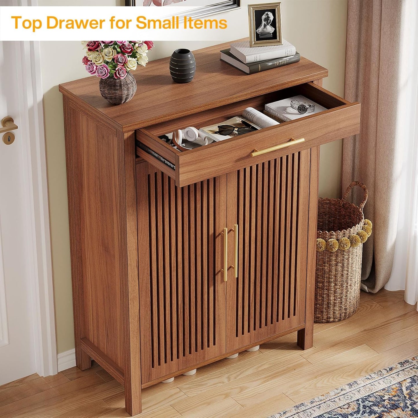 5-Tier Shoe Storage Cabinet with Louvered Doors and Drawer