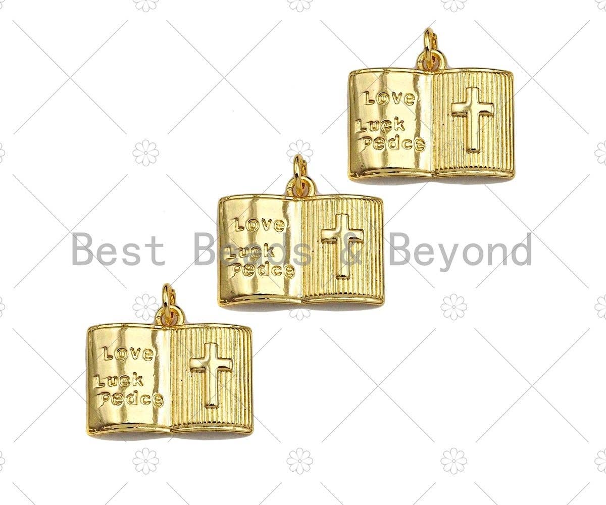 18K Dainty Gold Love Luck Cross On Book Shape Pendant/Charm,Book Medallion Charm, Necklace Bracelet Charm Pendant,20x16mm, Sku#LK255