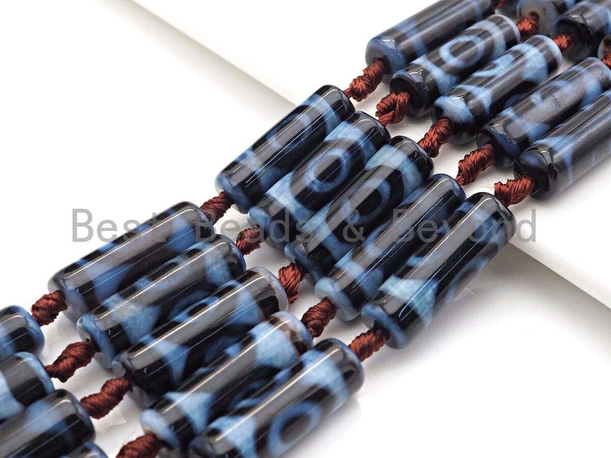 1pc/10pc Natural Tibetan Agate Cylinder Spacer Beads, 10x30mm Blue Black Brown Dzi Eye Spacer Beads, Tibetan Dzi Beads, sku#U864
